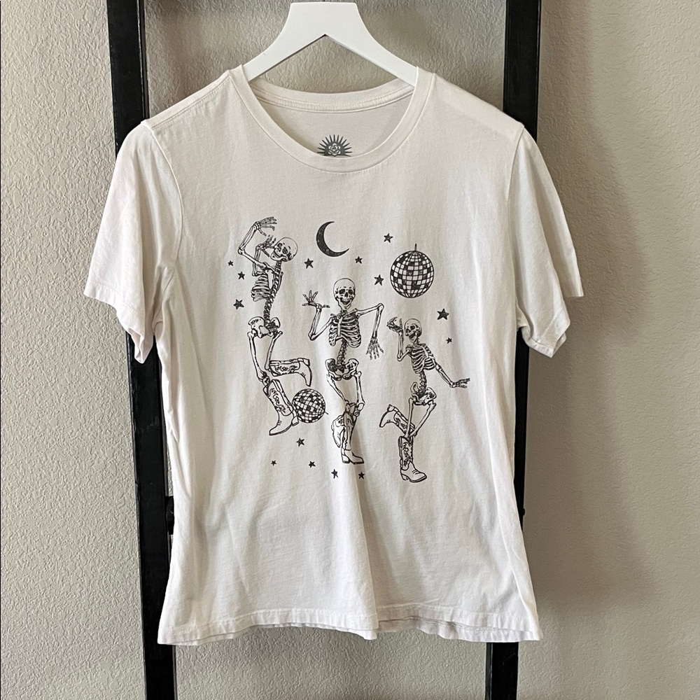 White Graphic Tee with Skeleton Print